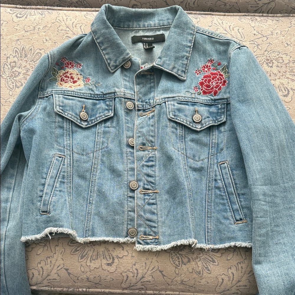 Forever 21 Blue Denim Jacket with Floral Embroidery